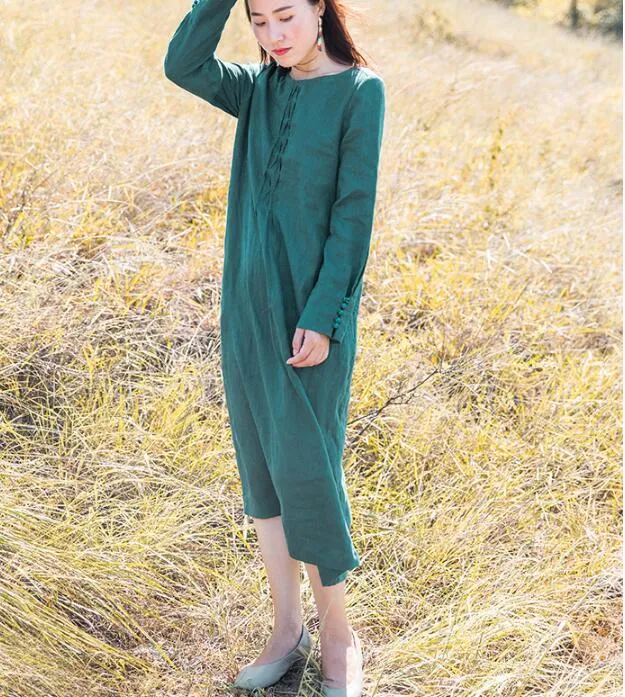 Green Linen Long Sleeve Autumn Women Shift Linen Dresses S90922