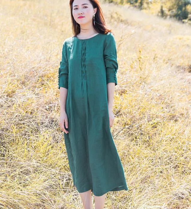 Green Linen Long Sleeve Autumn Women Shift Linen Dresses S90922