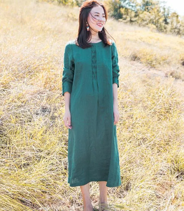 Green Linen Long Sleeve Autumn Women Shift Linen Dresses S90922