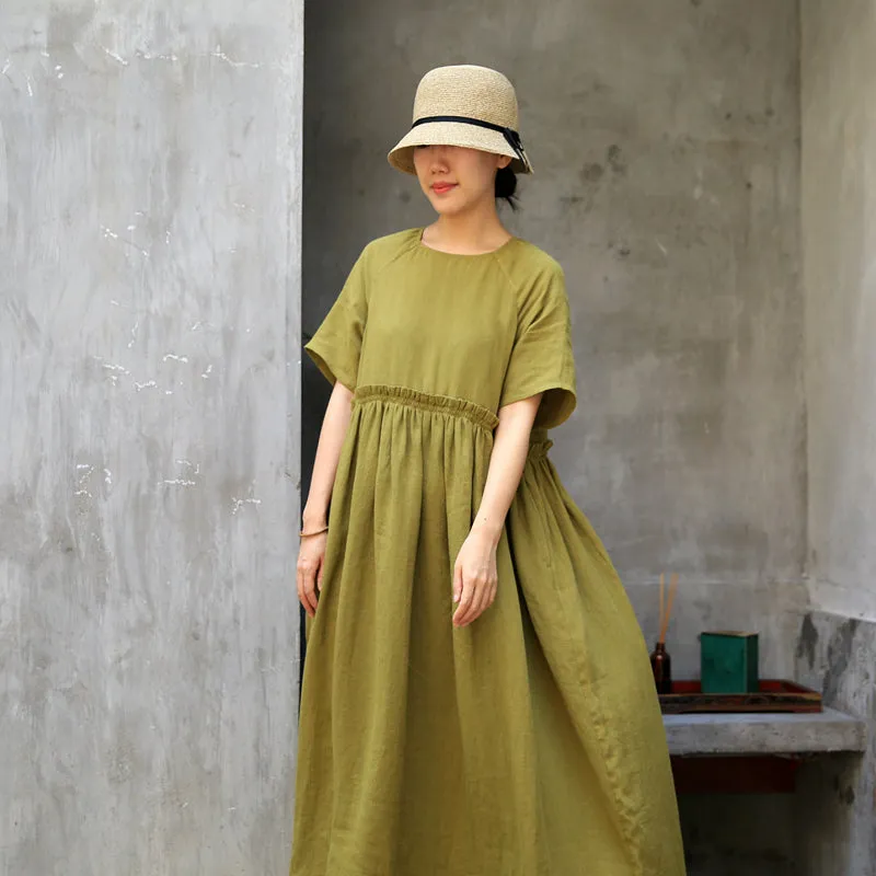 Green Linen loose Ruffled Waist Dress Casual Summer Maxi Bridemaid Dresses Z97295