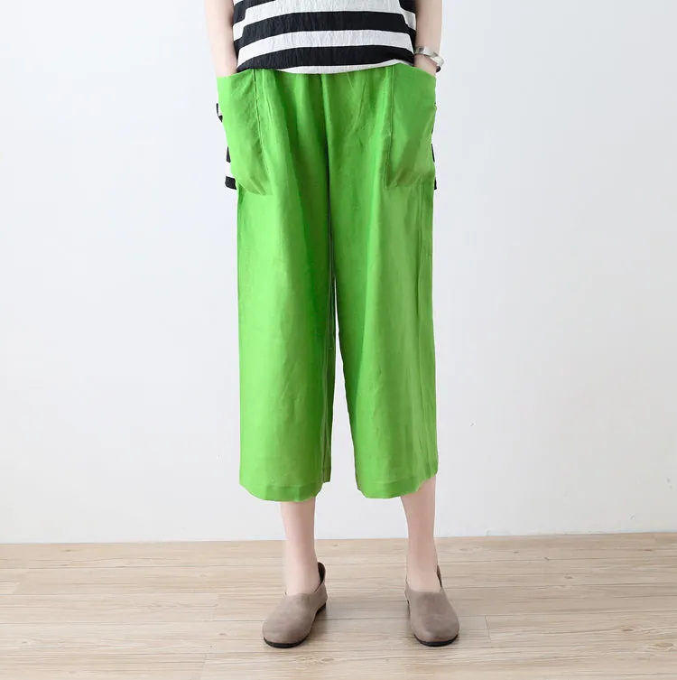 Green Linen Pants Summer Wide Legs Women Pants ATM962513