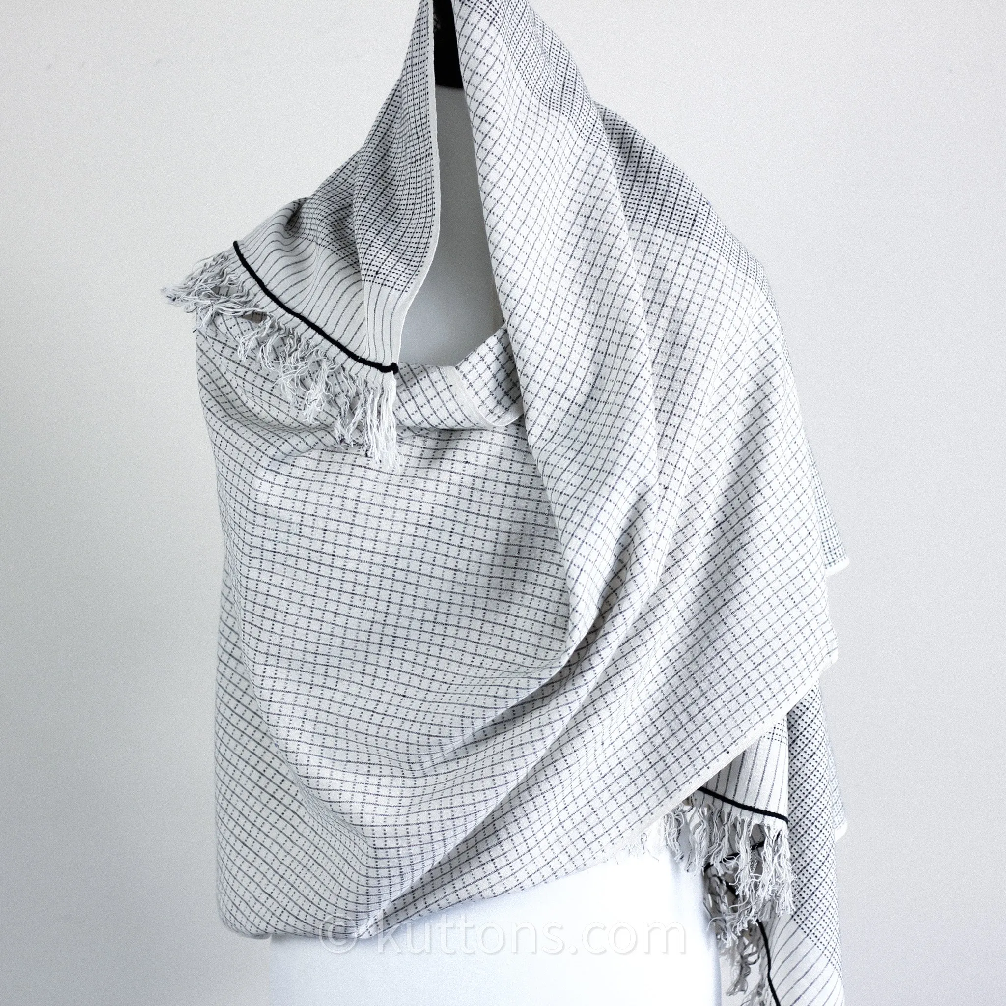 Handspun & Handwoven Cotton Scarf - Sustainable Fashion Stole by Women Artisans | White-Gray, 23x77"