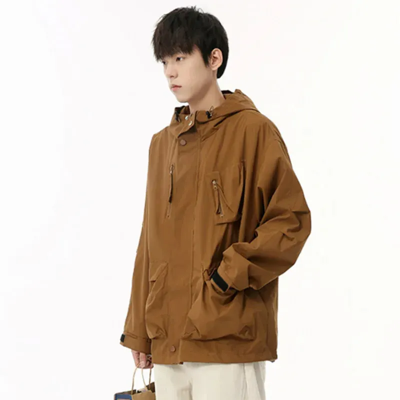 High Street Men's Jackets Multi-pockets Hooded Drawstring Loose Tops Solid Color Casual Outdoor Coats Stylish 9C6889