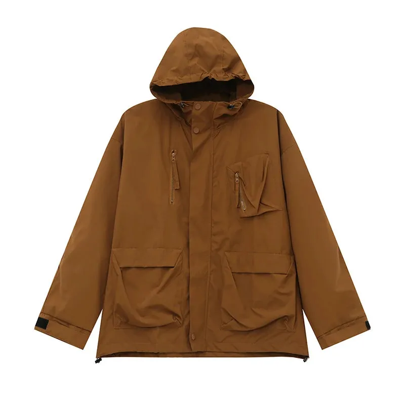 High Street Men's Jackets Multi-pockets Hooded Drawstring Loose Tops Solid Color Casual Outdoor Coats Stylish 9C6889