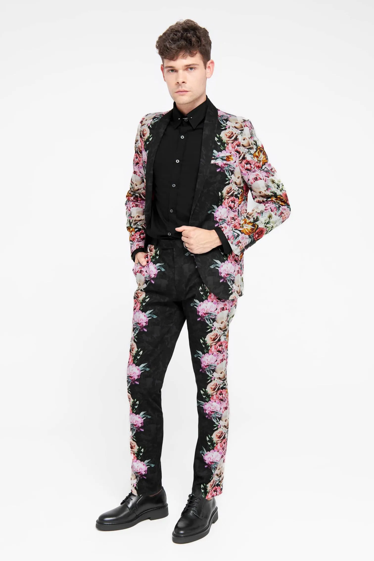 Ikeda Slim Fit Black Cotton Floral Trousers