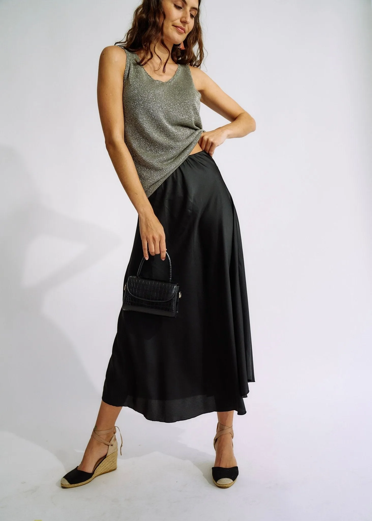 Italian Satin Skirt in Black