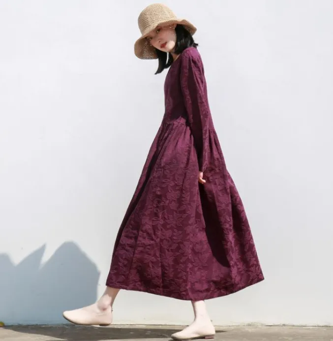 Jacquard Linen Cotton Long Sleeve Women Dress