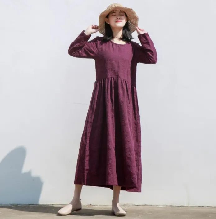 Jacquard Linen Cotton Long Sleeve Women Dress