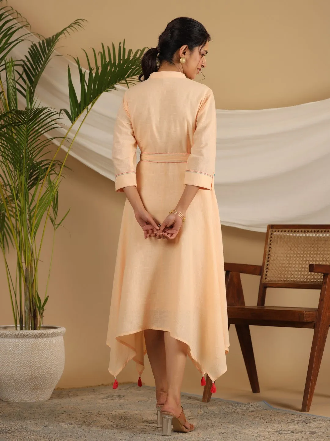 Juniper Peach Fit & Flare Belted Asymmetrical Maxi Dress With Floral Thread Embroidery