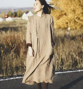 kahki Linen Women Dresses Long Sleeve Women Linen Dresses Fleece Lining S90921