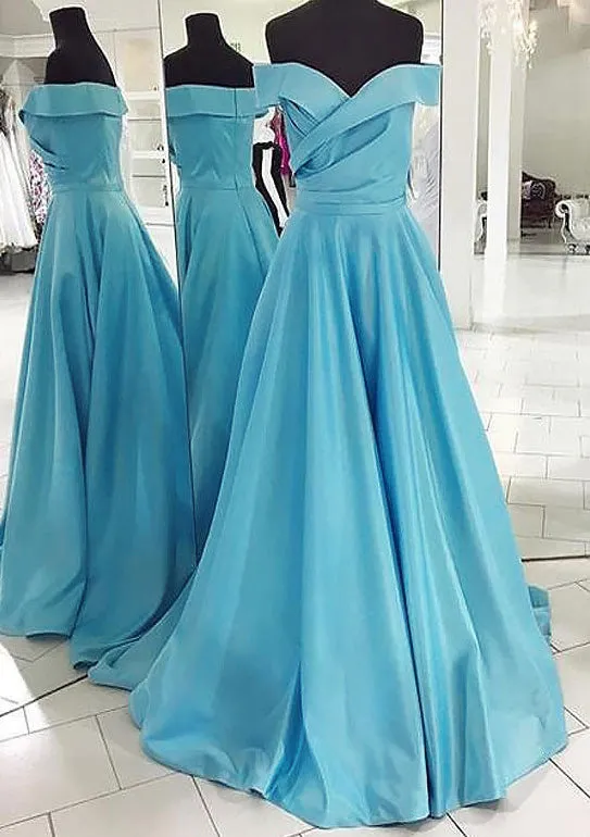 kamahe Ice Blue Prom Dresses, A-line/Princess Off-the-Shoulder Sleeveless Sweep Train Satin Prom Dress