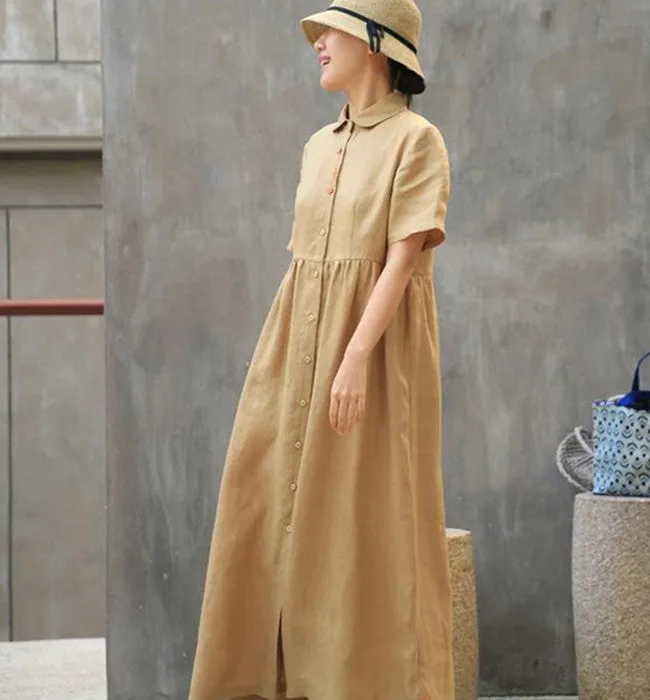 Khaki Linen Casual Summer Dresses Buttons Shirt Dress Maxi Women Dresses Z972911