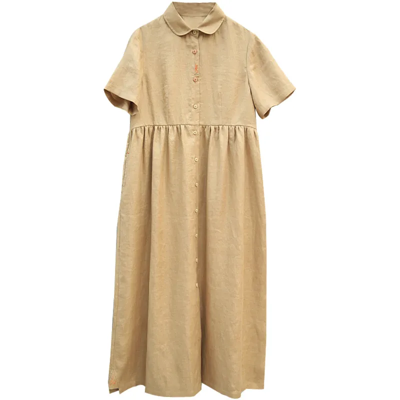 Khaki Linen Casual Summer Dresses Buttons Shirt Dress Maxi Women Dresses Z972911