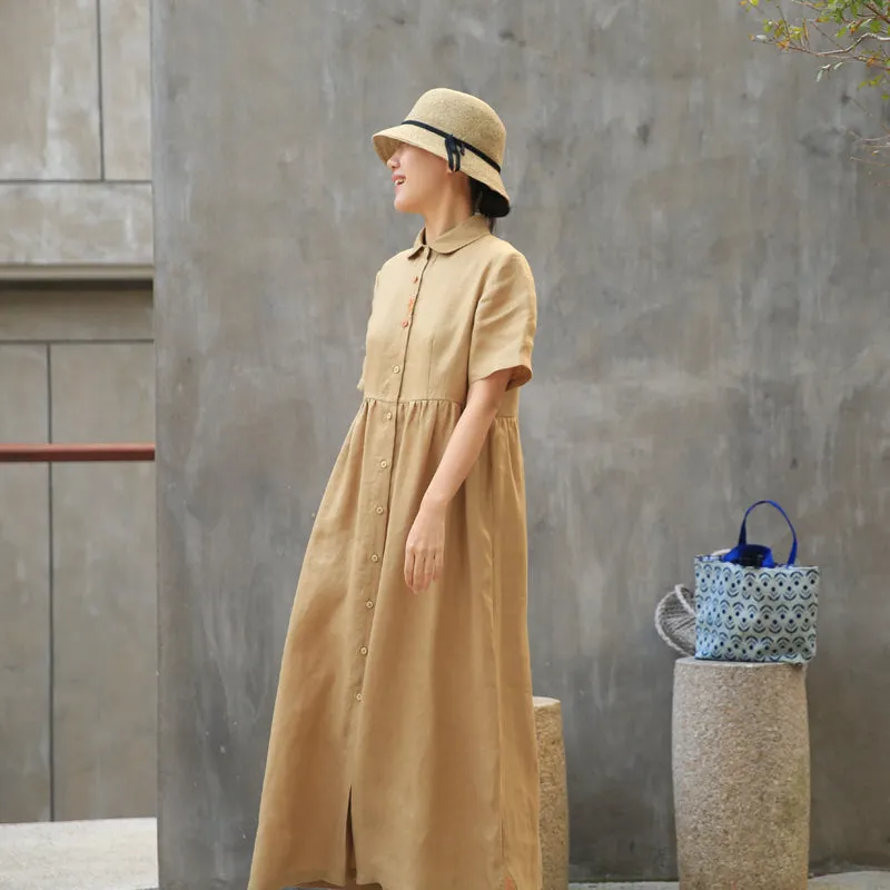 Khaki Linen Casual Summer Dresses Buttons Shirt Dress Maxi Women Dresses Z972911