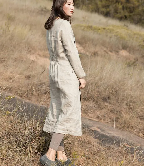 Khaki Linen Long Sleeve Autumn Women Shift Linen Dresses S90921