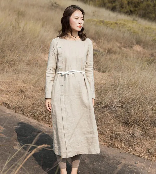 Khaki Linen Long Sleeve Autumn Women Shift Linen Dresses S90921