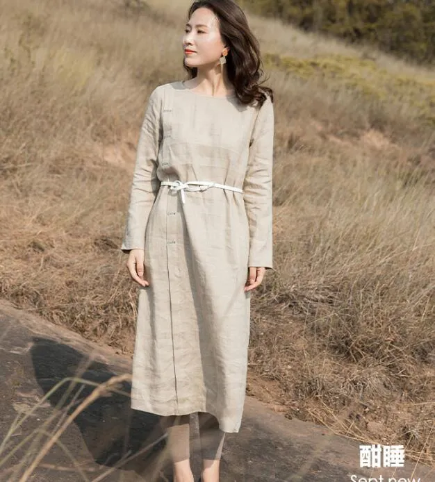 Khaki Linen Long Sleeve Autumn Women Shift Linen Dresses S90921