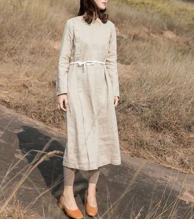 Khaki Linen Long Sleeve Autumn Women Shift Linen Dresses S90921