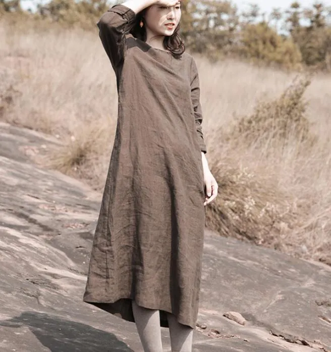 Khaki Linen Loose Long Sleeve Autumn Women Shift Linen Dresses S90921