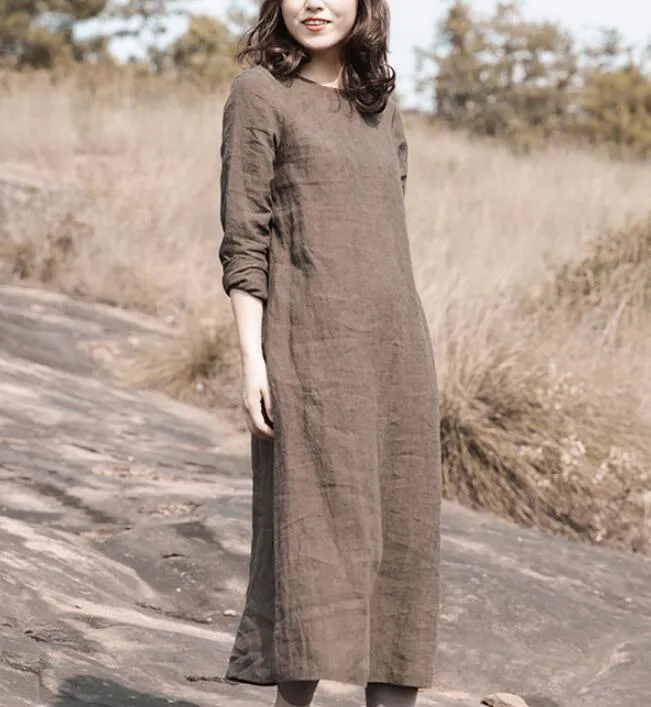 Khaki Linen Loose Long Sleeve Autumn Women Shift Linen Dresses S90921