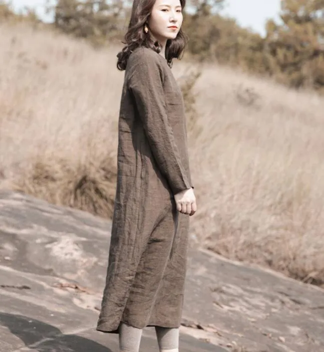 Khaki Linen Loose Long Sleeve Autumn Women Shift Linen Dresses S90921