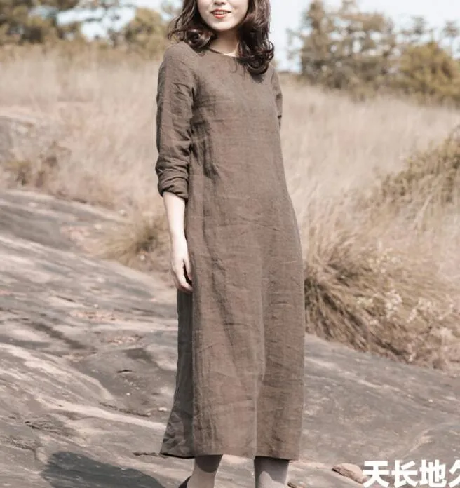 Khaki Linen Loose Long Sleeve Autumn Women Shift Linen Dresses S90921