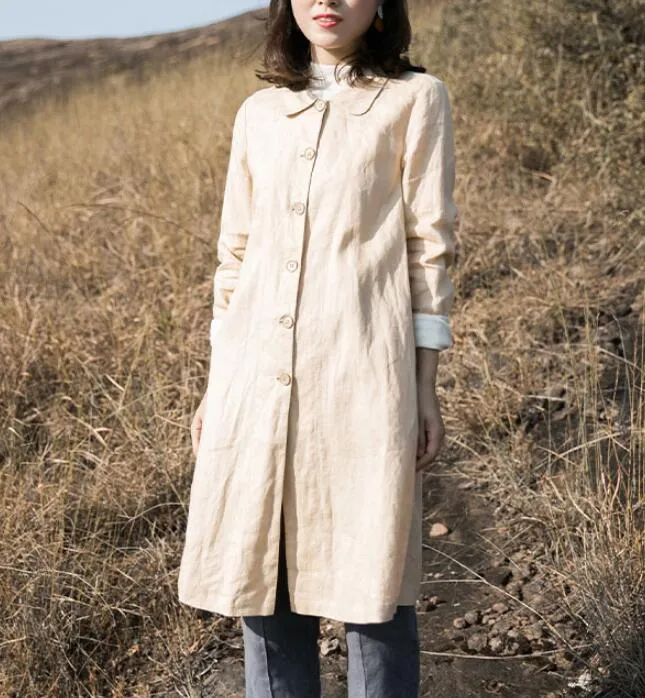 Khaki Linen Loose Long Sleeve Shirt Autumn Women Linen Dresses S90921