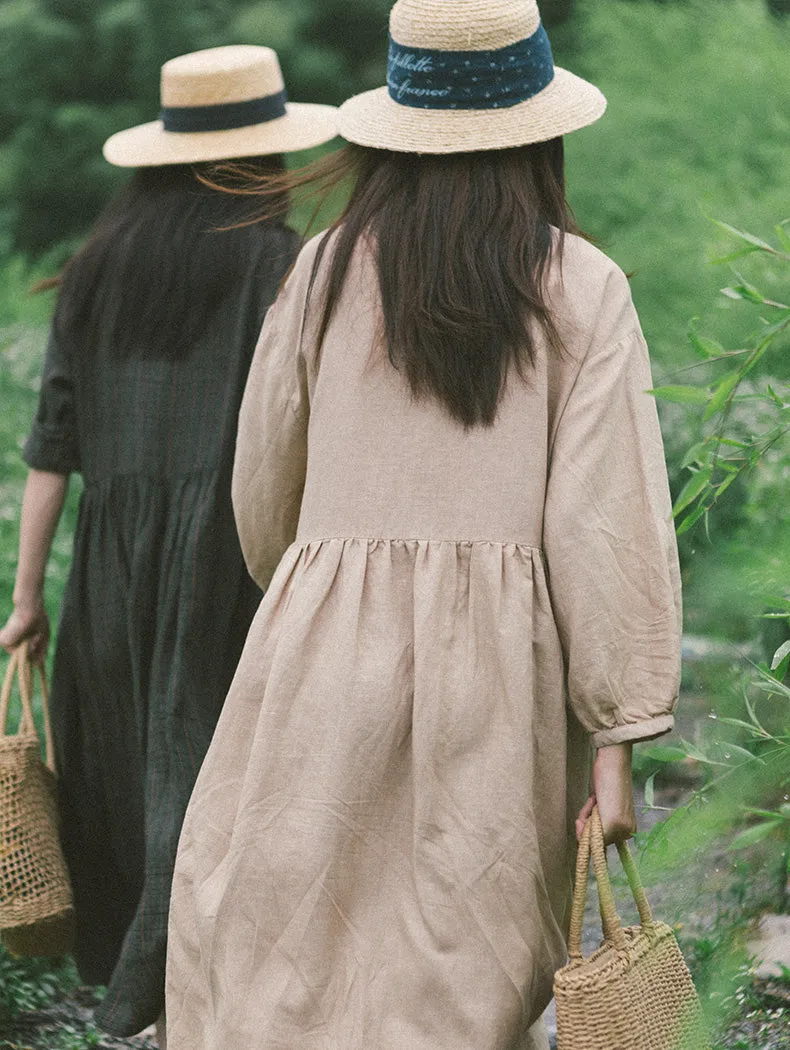 khaki Puff Dress Summer Casual  Button Women Linen Dresses Long Seelve Dress ZF98407