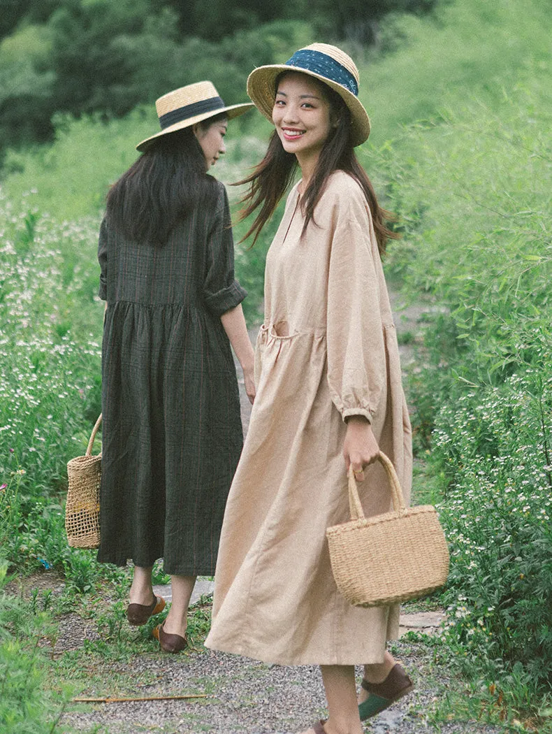 khaki Puff Dress Summer Casual  Button Women Linen Dresses Long Seelve Dress ZF98407