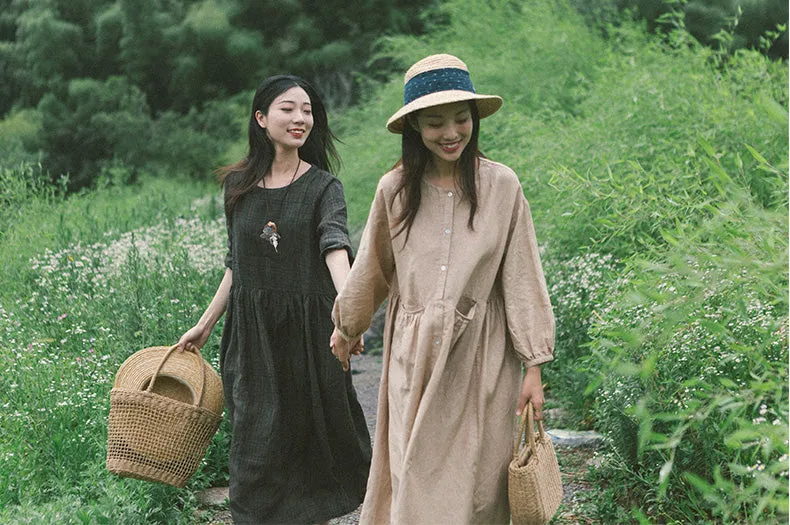 khaki Puff Dress Summer Casual  Button Women Linen Dresses Long Seelve Dress ZF98407