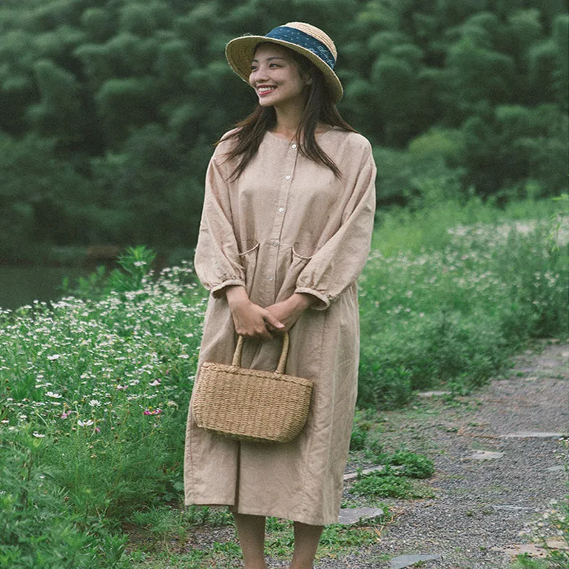 khaki Puff Dress Summer Casual  Button Women Linen Dresses Long Seelve Dress ZF98407