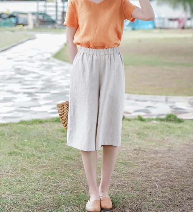 Khaki Short Summer Pants Loose Linen Wide Leg Women Casual Pants WG05131