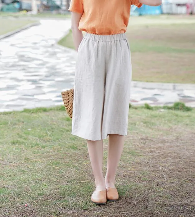 Khaki Short Summer Pants Loose Linen Wide Leg Women Casual Pants WG05131