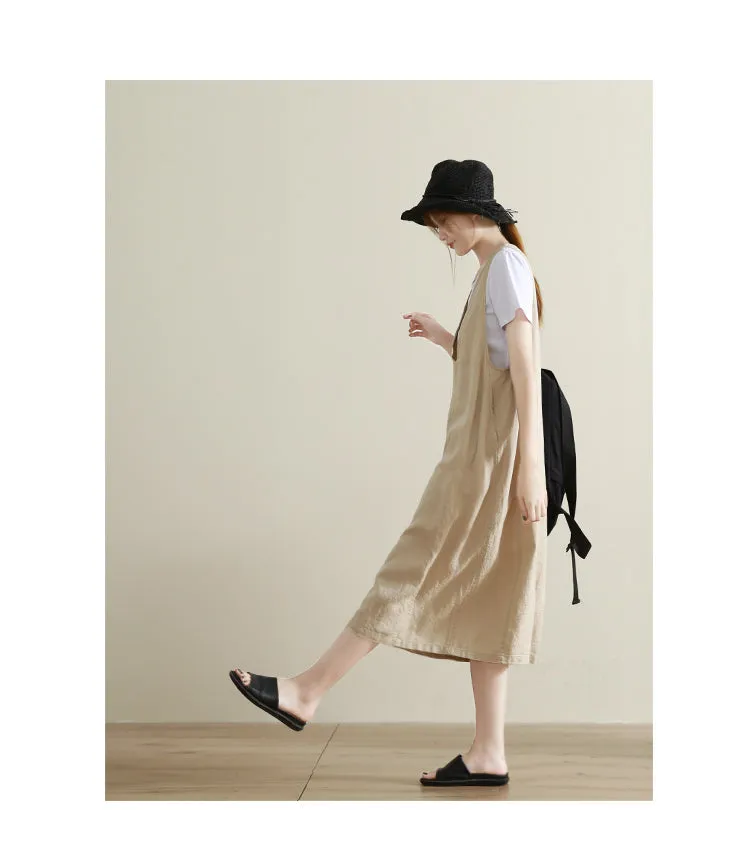 Khaki Vest Casual Summer  Women Linen Sleeveless Dresses G98401