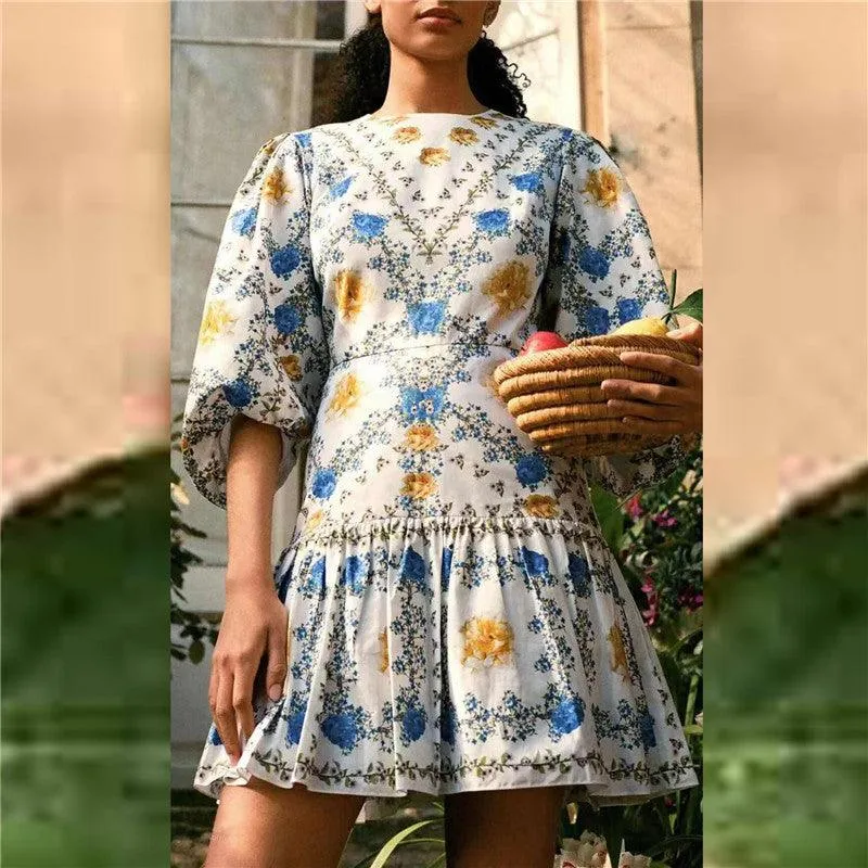 KittenAlarm - Shirley Floral Print Puff Sleeves Mini Dress