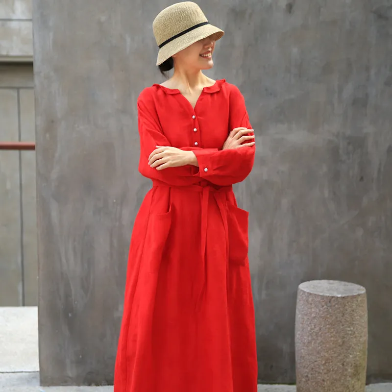 Label Collar Red Women Linen Summer Dresses Buttons Sleeve Long Women Dresses Z972912