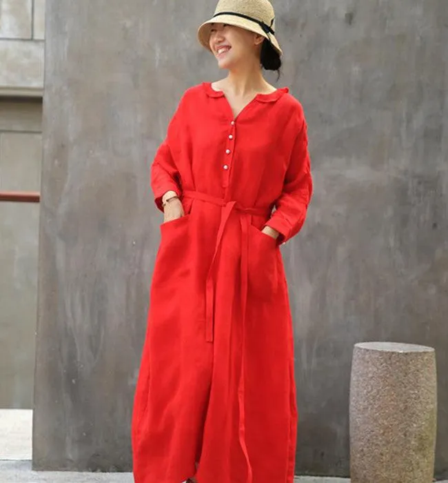 Label Collar Red Women Linen Summer Dresses Buttons Sleeve Long Women Dresses Z972912