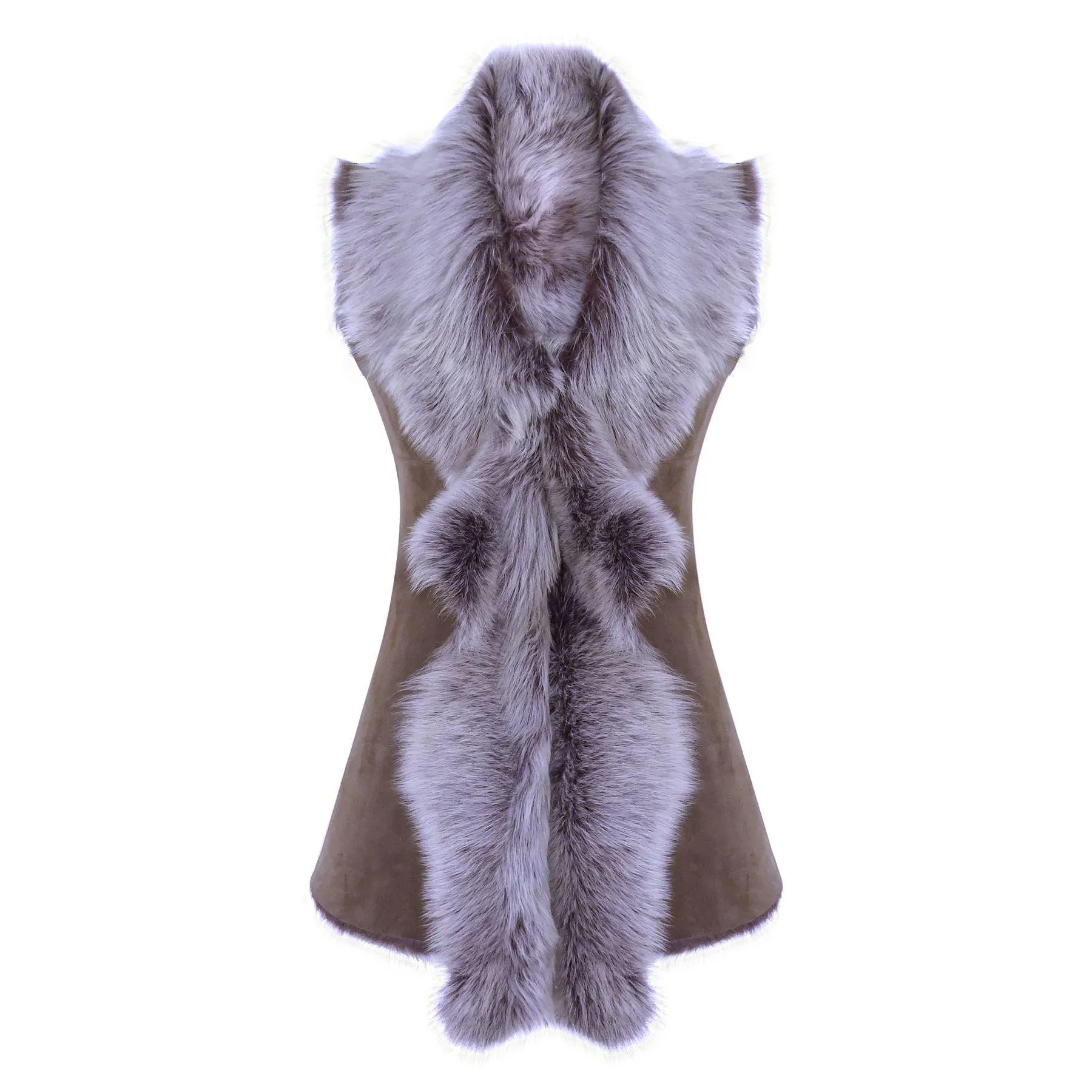 Ladies Women Real Spanish Shearling Sheepskin Toscana Taupe Long Waistcoat Gilet