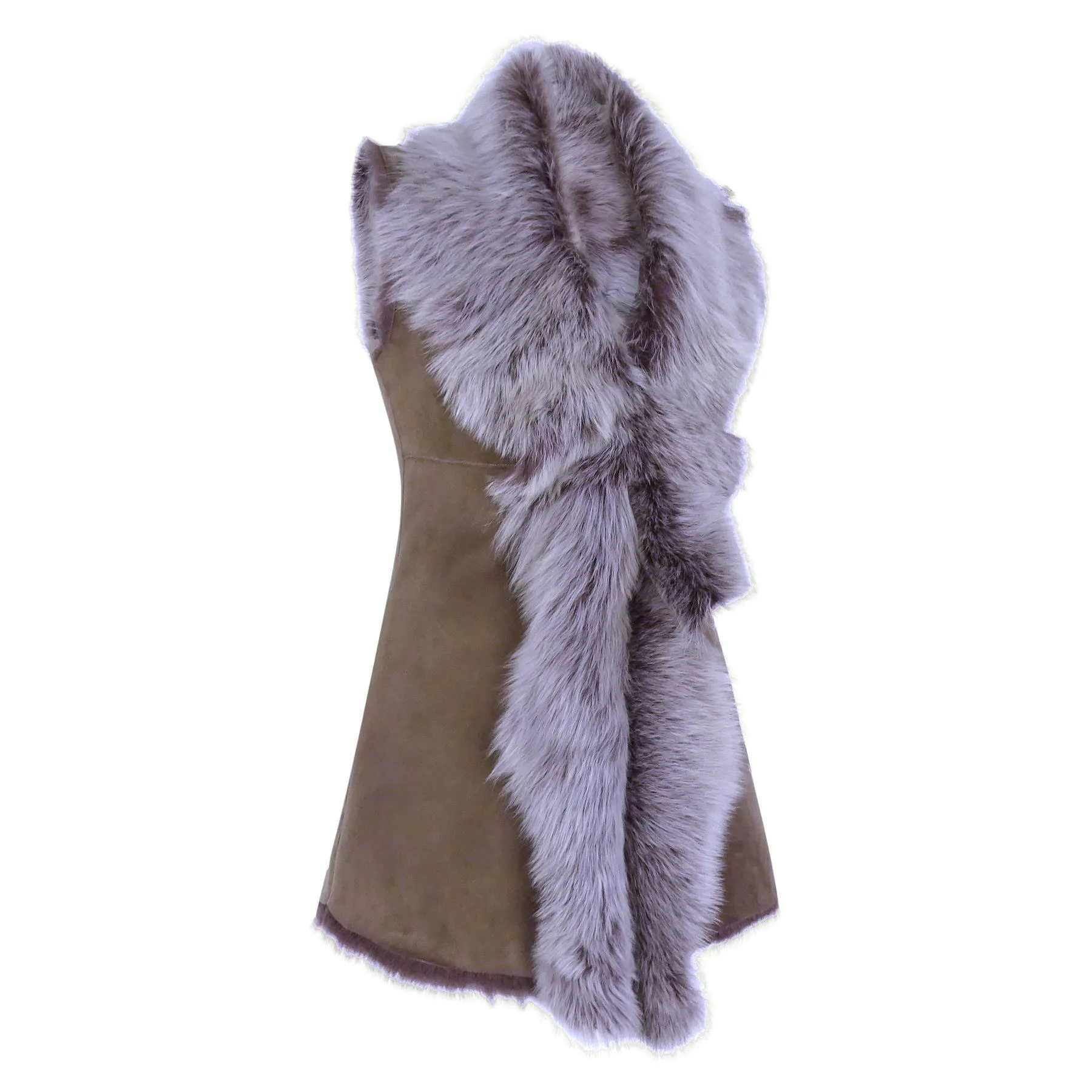 Ladies Women Real Spanish Shearling Sheepskin Toscana Taupe Long Waistcoat Gilet