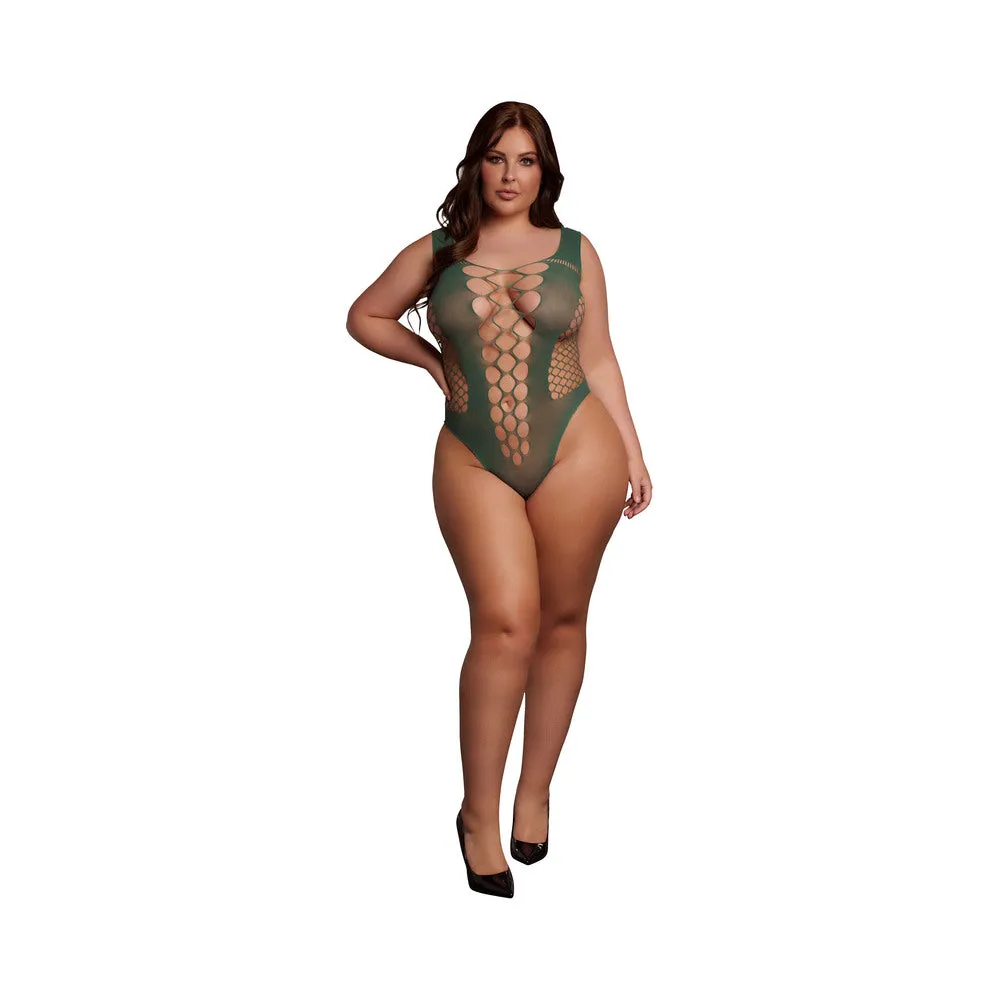 Le Desir V-Neck Teddy with Opaque Panels Midnight Green Queen Size