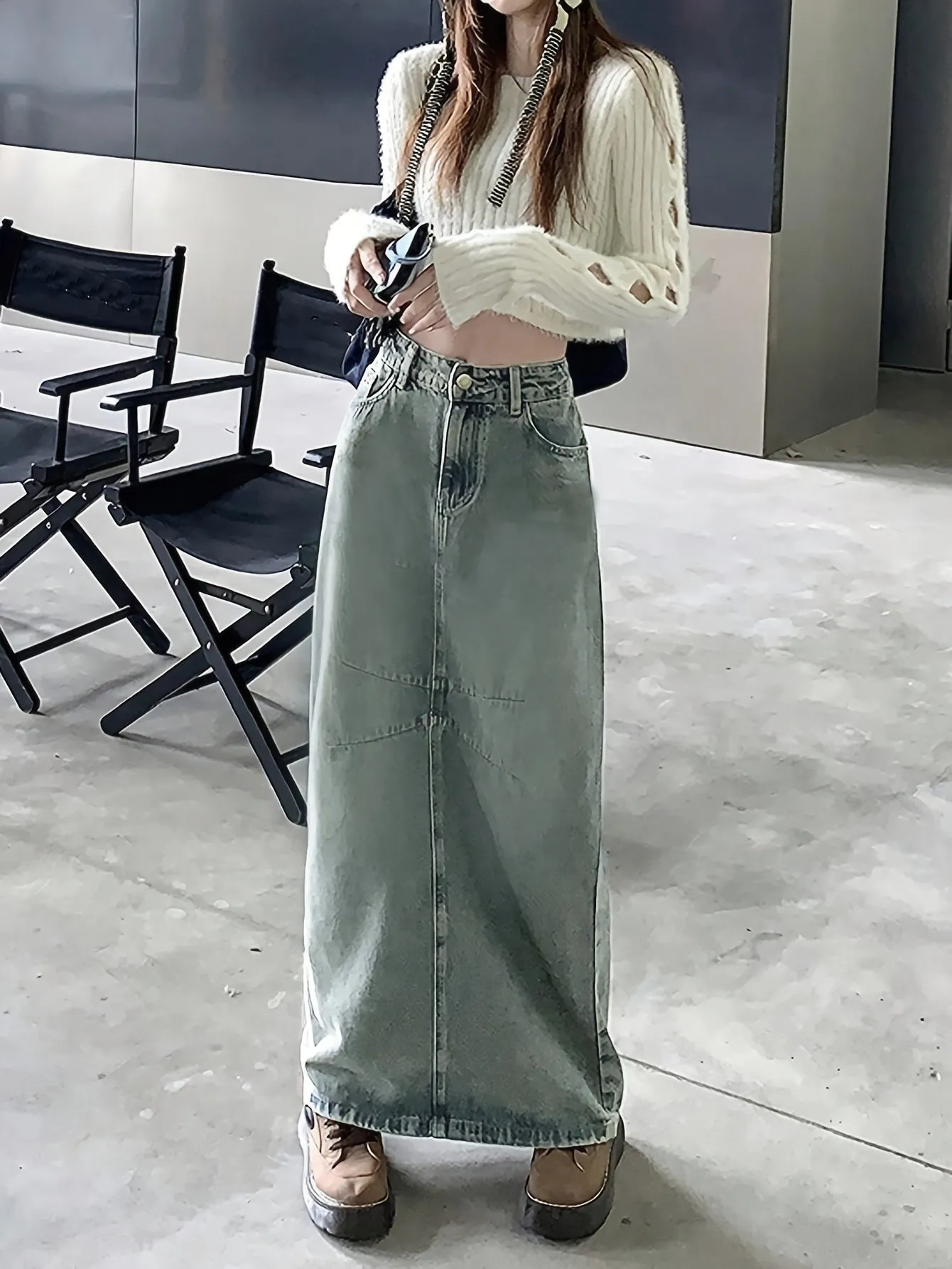 Letter Patched Split Back Denim Skirts, High Waist Washed Vintage Style Fashion Denim Skirts, Women's Denim Clothing