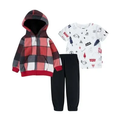 Levi's Boys Plaid Full-Zip Hoodie, Short Sleeve T-shirt and Joggers, 3 Piece Set - Chili Pepper