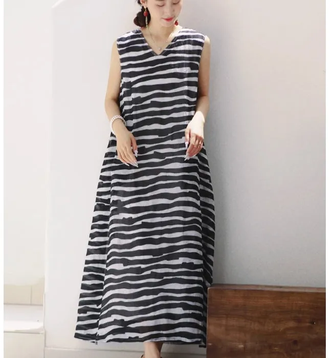 Lightweight Striped Print V-neck Sleeveless Ramie Dress 6633