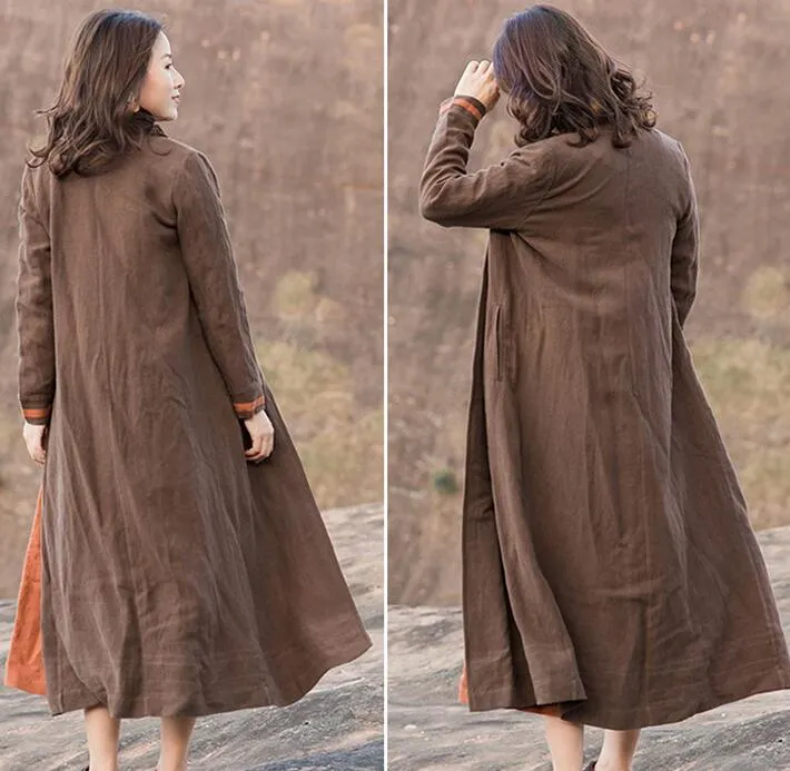 Linen Loose Long Sleeve Autumn Women Shift Linen Dresses S90921