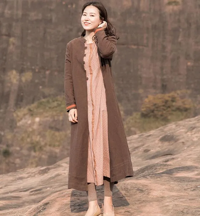 Linen Loose Long Sleeve Autumn Women Shift Linen Dresses S90921