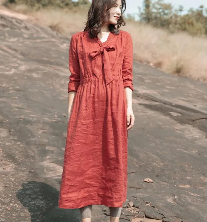 linen Loose Long Sleeve Women Linen Dresses  ZF98413