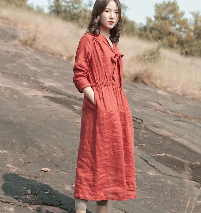 linen Loose Long Sleeve Women Linen Dresses  ZF98413