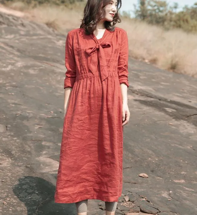 linen Loose Long Sleeve Women Linen Dresses  ZF98413