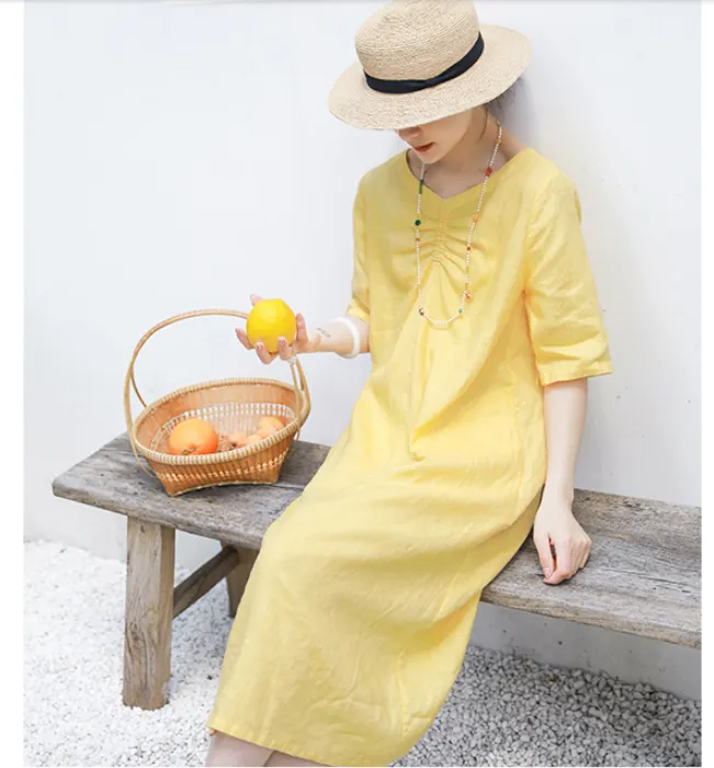 Linen Soft Washed Summer Linen Women Dresses Short Sleeve 6292