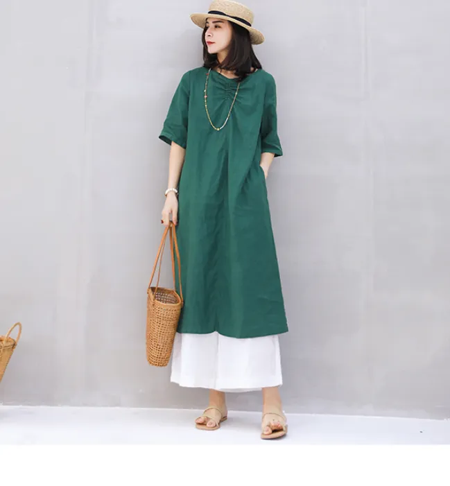 Linen Soft Washed Summer Linen Women Dresses Short Sleeve 6292